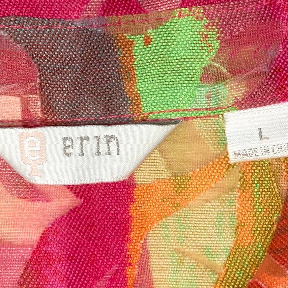 Erin London Women's Colorful Button Up Mesh Blouse, Size L - Picture 4 of 9
